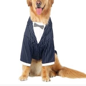 NWT dog navy pinstripe suit tuxedo with bowtie wedding costume